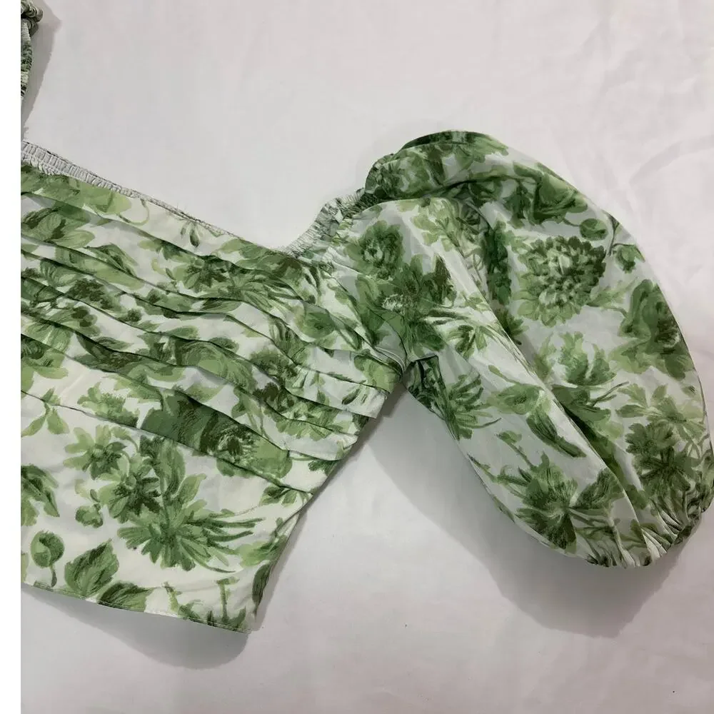 Abercrombie & Fitch Womens M Puff Sleeve Poplin Squareneck Top Green Floral